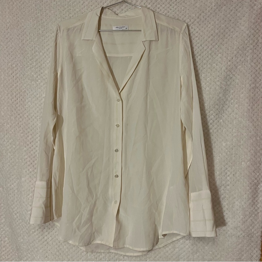 Equipment Femme Blouse Ivory 100% Silk Yellow Stripe Button Up Top Womens Large